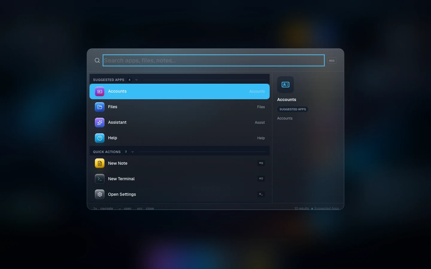 The ⌘K launcher with app results and quick actions